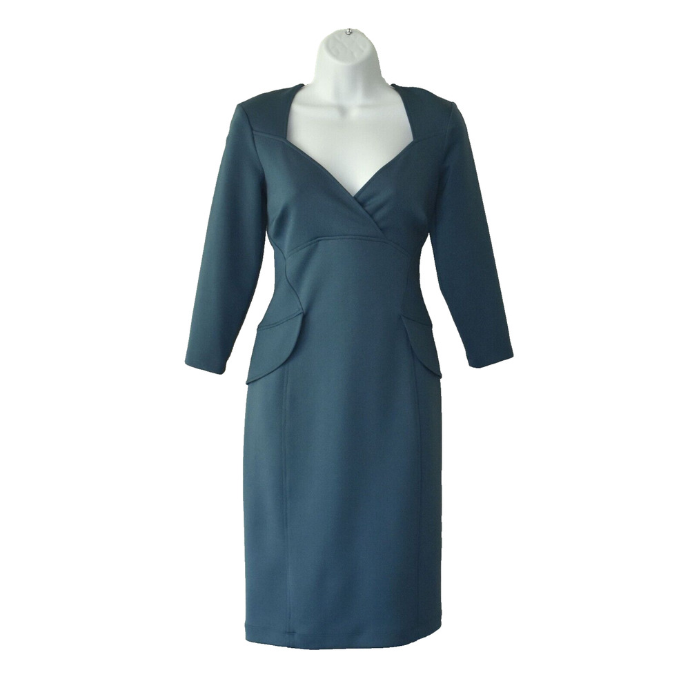 A5 Auth MAGGY LONDON Teal 3/4 Sleeve V Neck Back Zip Sheath Dress Size 6